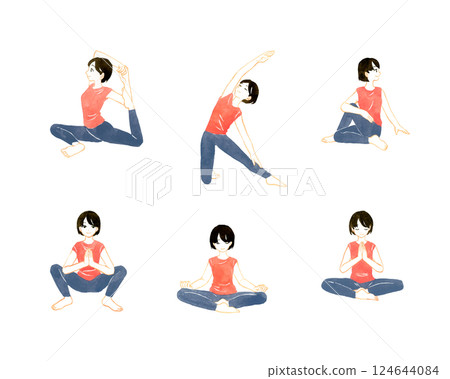 一組坐姿瑜珈姿勢一位年輕女子的手繪水彩插圖 一組坐姿瑜珈姿勢一位年輕女子的手繪水彩插圖 124644084