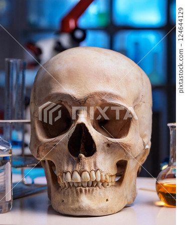 Human skull with teeth on the shelf in the hospital 124644129