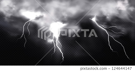 Lightning bolts strike across stormy sky 124644147