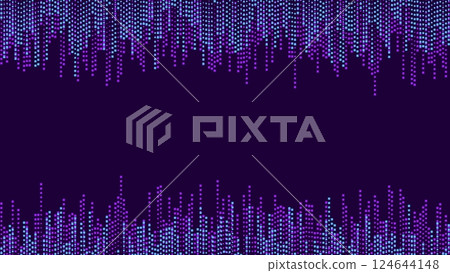 Melody track equalizer background with variable frequencies. Wave sound signal with high low frequency amplitudes top and bottom. Vector on black backgdrop 124644148
