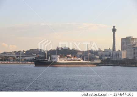 A view of the Nippon Yusen Hikawa Maru moored at Yamashita Park in Yokohama. A view of the Nippon Yusen Hikawa Maru moored at Yamashita Park in Yokohama. 124644165