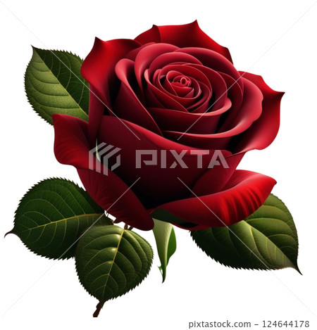 Realistic 3D red rose flower isolated as an icon beautifully detailed blooming bud with lush green leaves perfect for gifts birthdays holidays and anniversary celebrations high-quality PNG illustratio 124644178