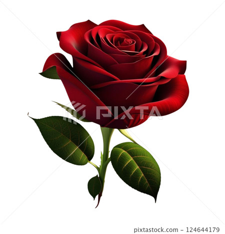 Realistic 3D red rose flower isolated as an icon beautifully detailed blooming bud with lush green leaves perfect for gifts birthdays holidays and anniversary celebrations high-quality PNG illustratio 124644179