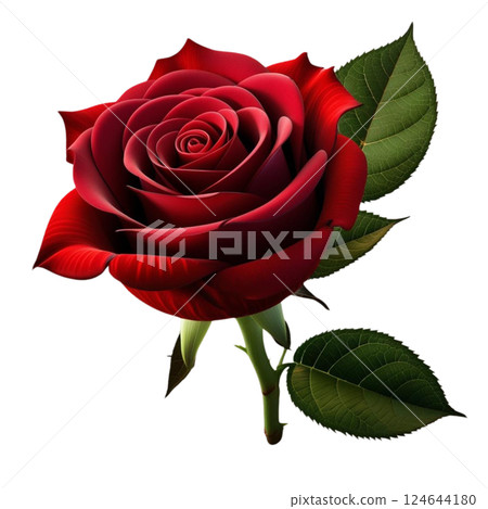 Realistic 3D red rose flower isolated as an icon beautifully detailed blooming bud with lush green leaves perfect for gifts birthdays holidays and anniversary celebrations high-quality PNG illustratio 124644180