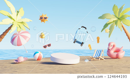 3D render, Empty podium on summer beach scene with floating travel and vacation items 3D render, Empty podium on summer beach scene with floating travel and vacation items 124644193