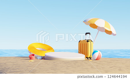3D render, Summer beach vacation scene with display podium for showing product, suitcase and yellow umbrella 3D render, Summer beach vacation scene with display podium for showing product, suitcase and yellow umbrella 124644194