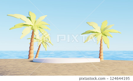 3D render, Tropical beach with palm trees and round white platform podium for product showing 124644195