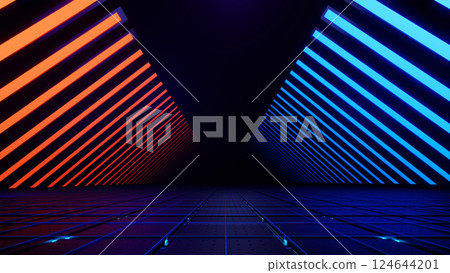 3d render, Abstract neon light trails and glowing geometric symbols in futuristic digital tunnel background 124644201