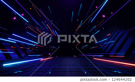 3d render, Abstract dynamic neon lines and particles in futuristic digital tunnel background 124644202