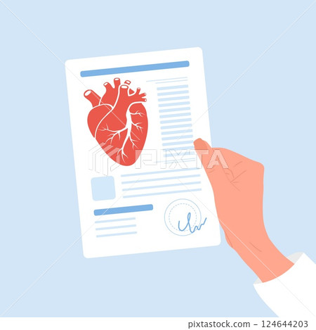 Heart disease concept. Female hand holding result of examine heart. Cardiovascular diseases. Health care and treatment concept. Vector illustration in flat cartoon style 124644203