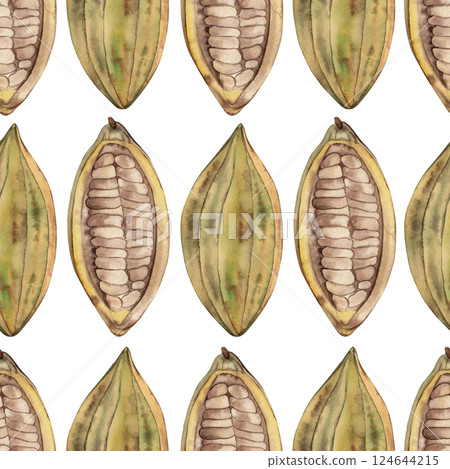 Seamless pattern with cocoa beans whole and cut in half. The watercolor illustration is hand-drawn in a botanical style in yellow, green, brown hues. For the design of textiles, wallpaper, fabrics. Seamless pattern with cocoa beans whole and cut in half. The watercolor illustration is hand-drawn in a botanical style in yellow, green, brown hues. For the design of textiles, wallpaper, fabrics. 124644215
