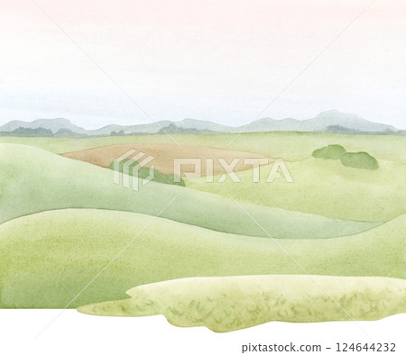 Summer green hills and farm field landscape watercolor isolated illustration. Rural panoramic nature clipart of countryside or village in simple hand drawn style Summer green hills and farm field landscape watercolor isolated illustration. Rural panoramic nature clipart of countryside or village in simple hand drawn style 124644232