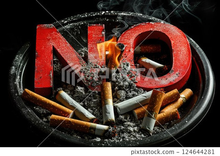 Ashtray filled with half-smoked smoking cigarettes, cigarette butts and a large sign NO. Smoking kills. Smoking cessation, World No Tobacco Day campaign, No Smoking 124644281