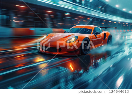 A high-speed racing car races along the wet track of a sports complex 124644613
