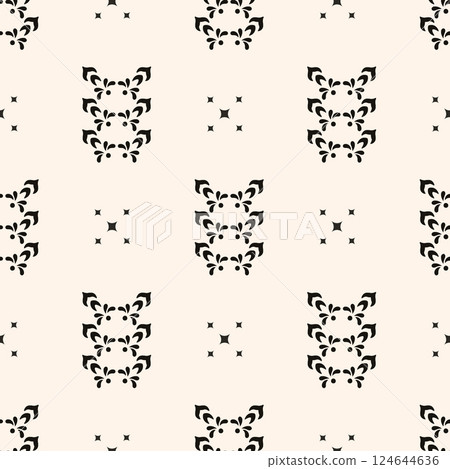 Simple minimalist floral pattern. Minimal seamless texture with small flower shapes. Abstract black and white geometric background. For print, package 124644636