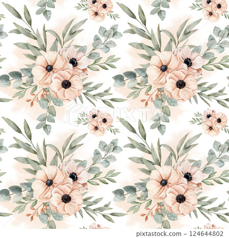 Watercolor seamless hand drawn pattern with two bouquets with peachy pink anemones in blossoming flowers and eucalyptus 124644802