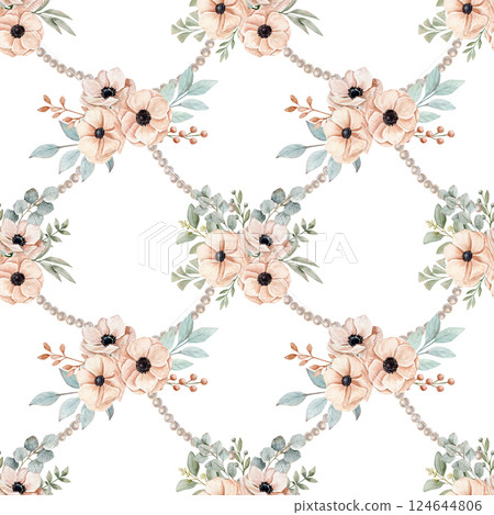 Watercolor seamless pattern with two bouquets with anemones on a peach pink color, different eucalyptus branches on a savage color tied with pearl 124644806