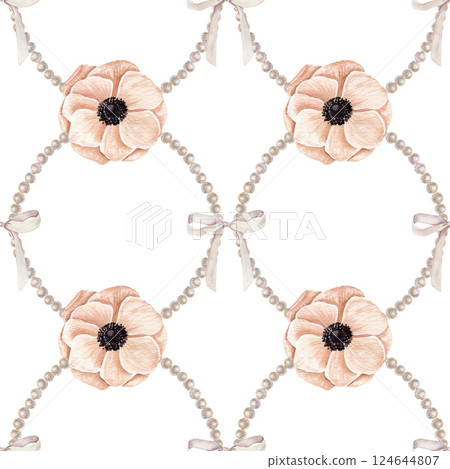Watercolor hand drawn seamless pattern with anemones on a peach pink color, pearl and tied a bow on a white background 124644807