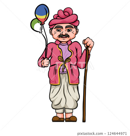 Cartoon illustration of Elderly Man in a Turban with Walking Stick Holding Colorful Balloons 124644971