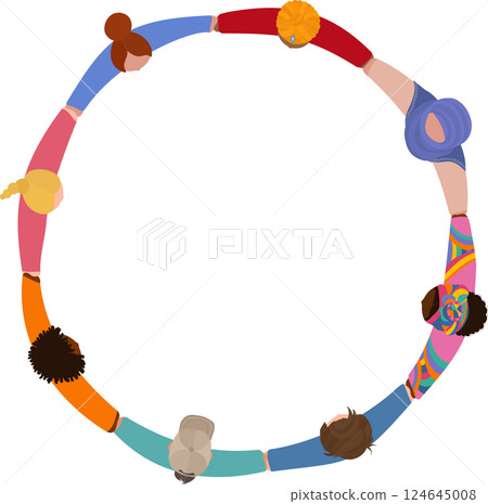 Chain of group of isolated people in a circle from diverse cultures holding hands. Cooperation and teamwork.Community of friends or volunteers. Partnership. Multiethnic people. Top view Chain of group of isolated people in a circle from diverse cultures holding hands. Cooperation and teamwork.Community of friends or volunteers. Partnership. Multiethnic people. Top view 124645008