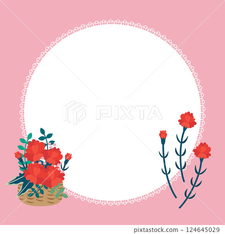母親節紅色康乃馨和圓形花邊方形框架向量插圖 母親節紅色康乃馨和圓形花邊方形框架向量插圖 124645029