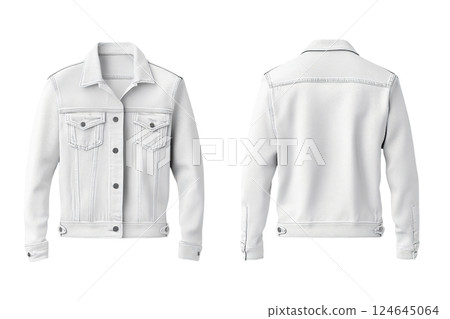 Front and back view of a white denim jacket. AI-generated item 124645064