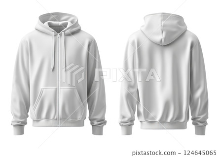 AI-generated item. White hoodie mockup, front and back view, isolated on transparent background. AI-generated item. White hoodie mockup, front and back view, isolated on transparent background. 124645065