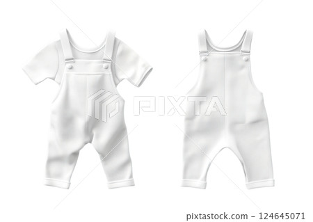 AI-generated item. Baby white jumpsuit mock-up, front and back view on a transparent background. AI-generated item. Baby white jumpsuit mock-up, front and back view on a transparent background. 124645071