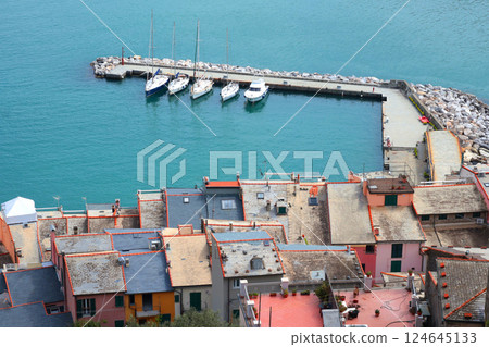 Yachts, boats in bay of Porto Venere, Liguria. Sea and tourism in Italy. Traditional buildings. Background for design. Yachts, boats in bay of Porto Venere, Liguria. Sea and tourism in Italy. Traditional buildings. Background for design. 124645133