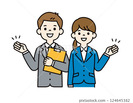 Vector illustration of young male and female office workers guiding with their hands _ _ Line editing possible _ Color Vector illustration of young male and female office workers guiding with their hands _ _ Line editing possible _ Color 124645382