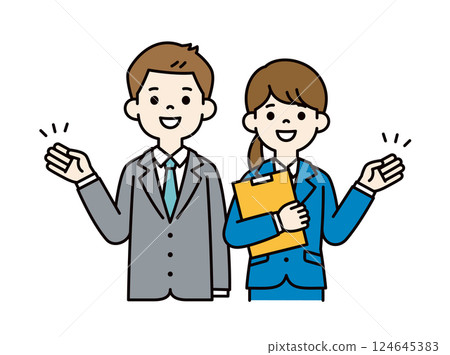 年輕男女辦公室職員用手解釋的向量插圖_可進行行編輯_顏色 年輕男女辦公室職員用手解釋的向量插圖_可進行行編輯_顏色 124645383