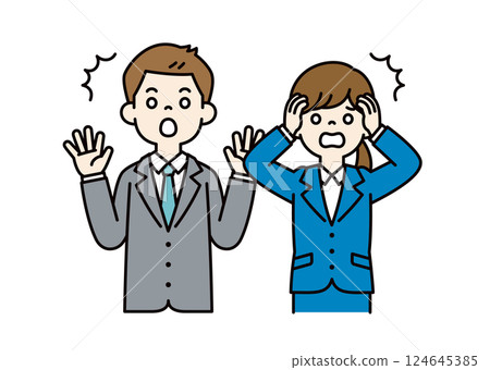 年輕男性和女性辦公室職員驚慌失措的向量插圖_可進行行編輯_顏色 124645385