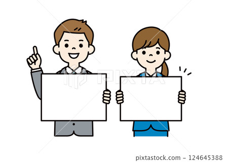 向量插圖：年輕男女辦公室職員手持留言板_可進行行編輯_顏色 124645388