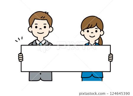 拿著長留言板的年輕男女辦公室職員的向量插圖_可進行行編輯_顏色 124645390