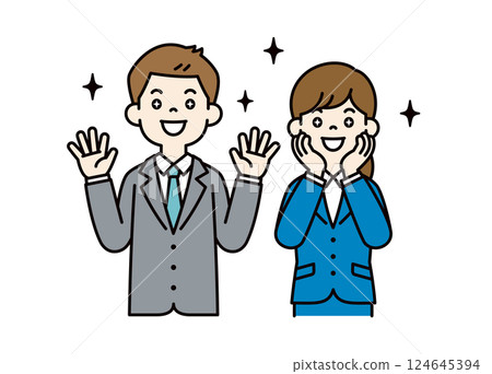 Vector illustration of young male and female office workers happy with a surprise _ _ Line editing possible _ Color 124645394
