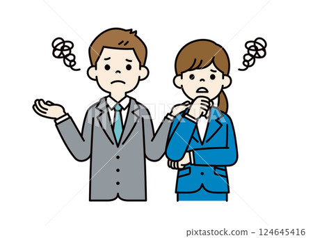 Vector illustration of young male and female office workers at a loss _ _ Line editing possible _ Color Vector illustration of young male and female office workers at a loss _ _ Line editing possible _ Color 124645416