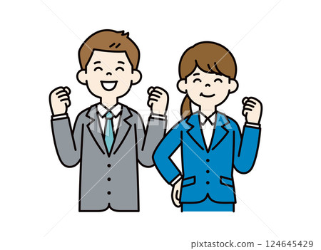 Vector illustration of young male and female office workers smiling and raising their fist in the air _ _ Line editing possible _ Color 124645429