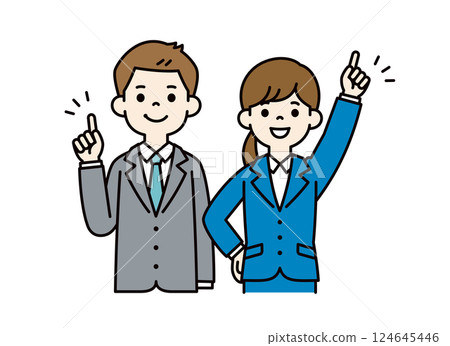 Vector illustration material of young male and female office workers who achieve their goals _ _ Line editing possible _ Color Vector illustration material of young male and female office workers who achieve their goals _ _ Line editing possible _ Color 124645446
