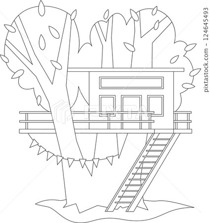 Party Treehouse Escape Hand-Drawn Vector Art for Festive Coloring Book Designs 124645493