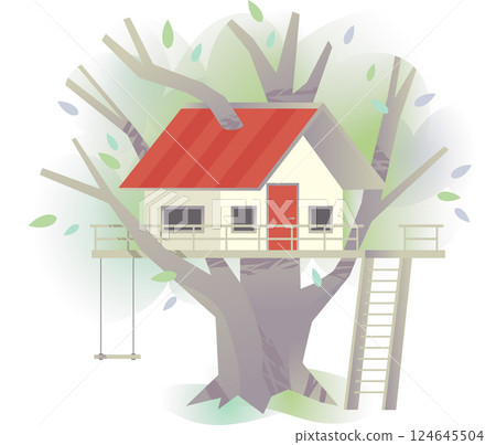 Watercolor Style Cute Little Tree House With Rope Swing and Wooden Ladder 124645504