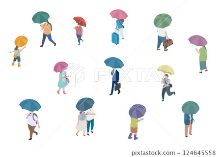Isometric illustration of people walking with umbrellas, rainy day isometric Isometric illustration of people walking with umbrellas, rainy day isometric 124645558