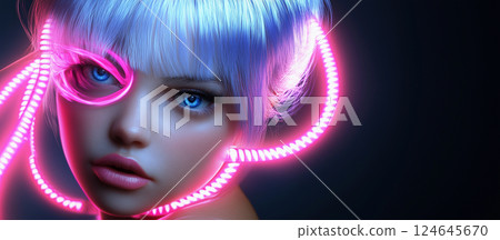 Futuristic Woman With Illuminated Neon Lights and Striking Blue Eyes 124645670
