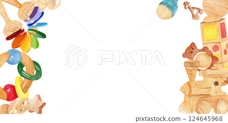 Square frame made from children's toys watercolor illustration: pyramid, train, rattle and dental ring. For birthday greetings and invitation cards, flyers, labels and packages of children's goods. 124645968