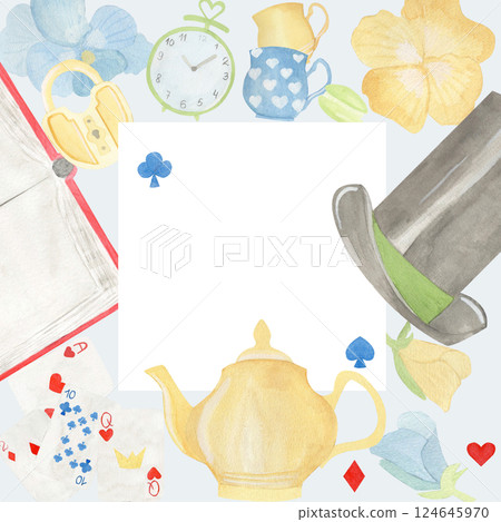 Square frame mad tea party from Alice in wonderland watercolor illustration: open book, teapot, top hat, clock, playing cards, lock, cup. For birthday greetings and invitation cards, flyers, packages 124645970