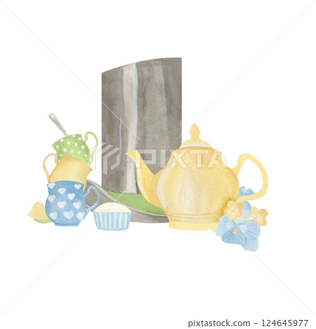 Mad tea party with top hat, yellow teapot. cake and mugs watercolor isolated illustration. pastel blue and green Alice in wonderland clipart in sketch style for floral cards and simple designs. Mad tea party with top hat, yellow teapot. cake and mugs watercolor isolated illustration. pastel blue and green Alice in wonderland clipart in sketch style for floral cards and simple designs. 124645977