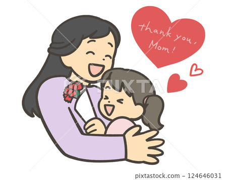 Daughter giving a bouquet of carnations on Mother's Day, hug 124646031