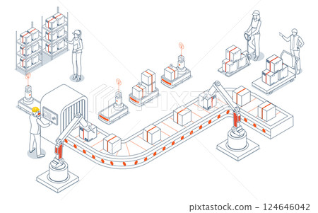 Smart warehouse automation with AGVs and AMRs, delivering global logistics solutions through integrated robotics and intelligent systems. 124646042