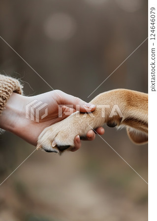 man and dog handshake with hand and paw, trust and friendship of human and animal 124646079