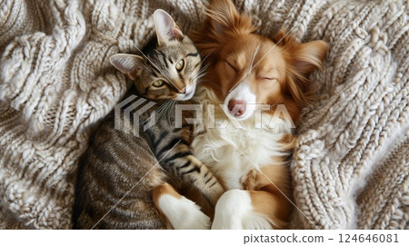cute domestic pets hugging and sleeping together, friendship of cats and dogs, adorable animals 124646081