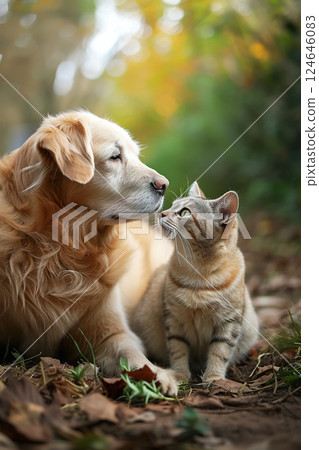 cute domestic pets hugging and have fun together, friendship of cats and dogs, adorable animals 124646083